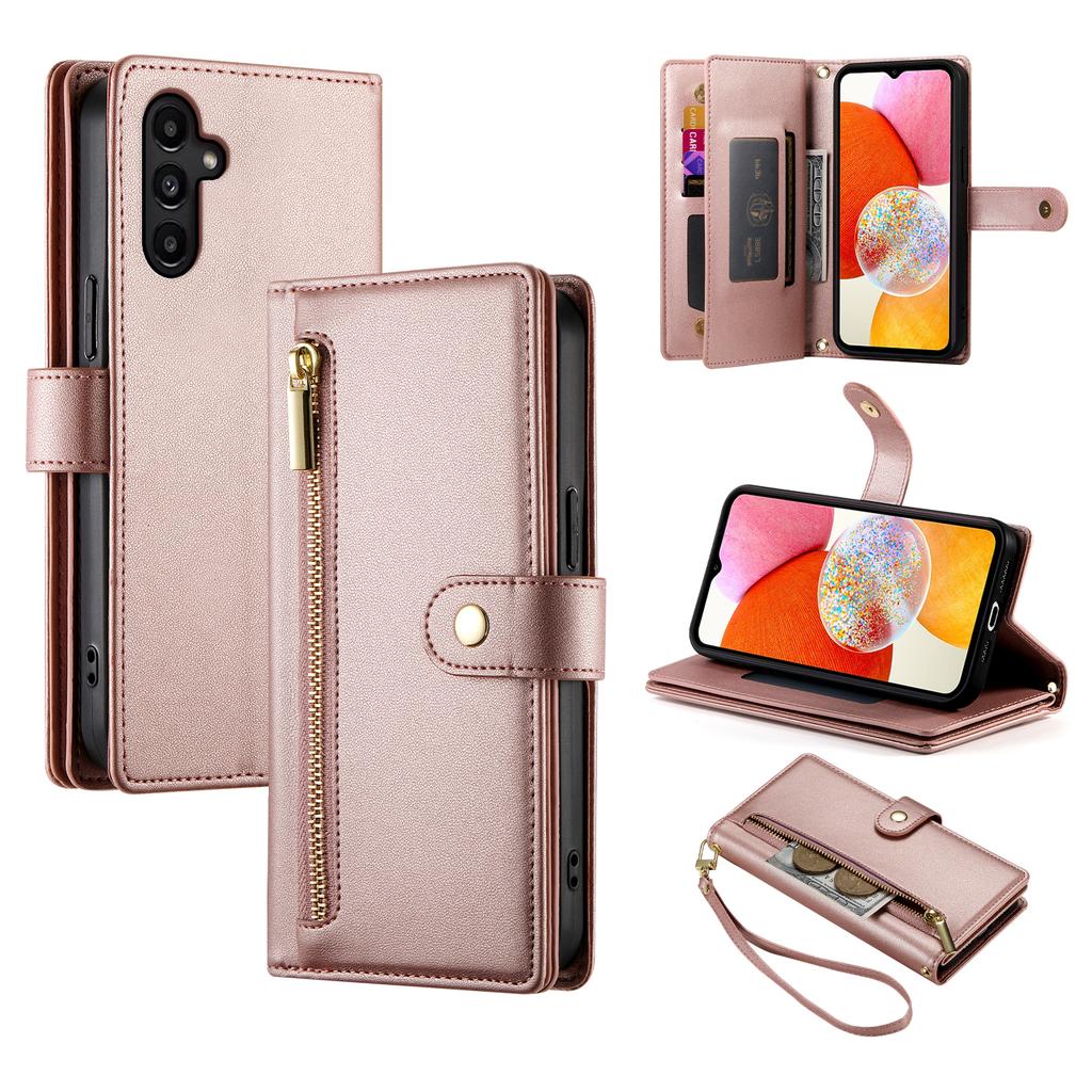 DF-011 For Samsung Galaxy A14 4G/5G Case Zipper Pocket PU Leather Stand Phone Cover
