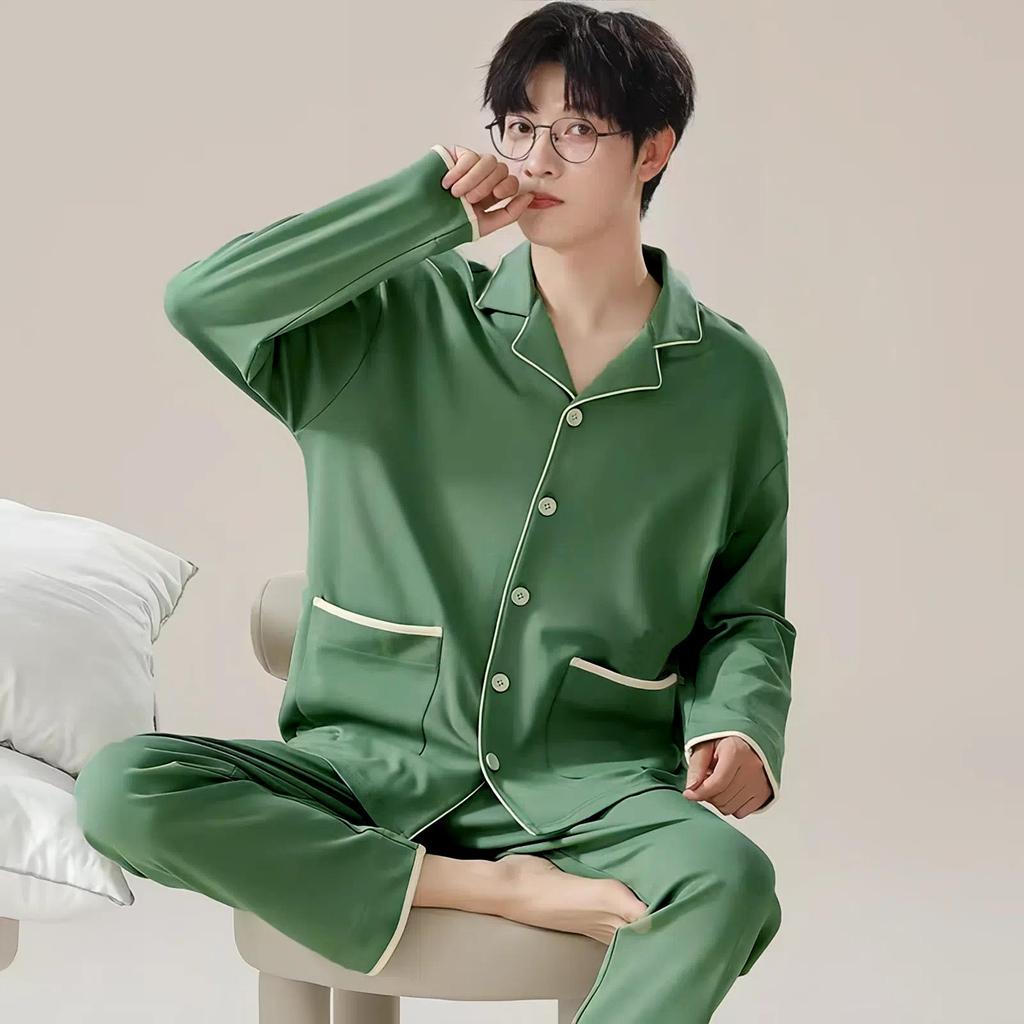 Men's 100% Cotton Pajama Set for Spring & Autumn: Long Sleeve, Long Pants, Versatile Outdoor Wear