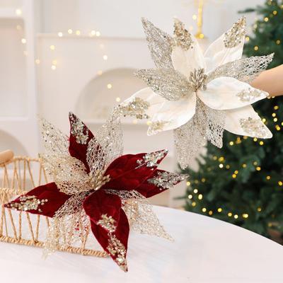 Christmas Glitter Fabric Poinsettia Flowers 11 Inch Large Artificial Sequins Flower Christmas Tree Ornaments for Wedding New Year Party Xmas Tree