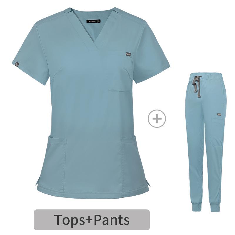 Elastic V-Neck Short Sleeve Nurse Uniform Set for Women - Surgical Scrub Suit in Stock