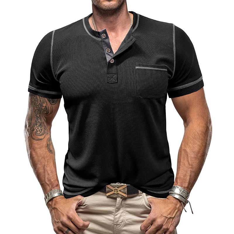Men Henley Neck Short Sleeve T Shirt with Pocket Casual Top S