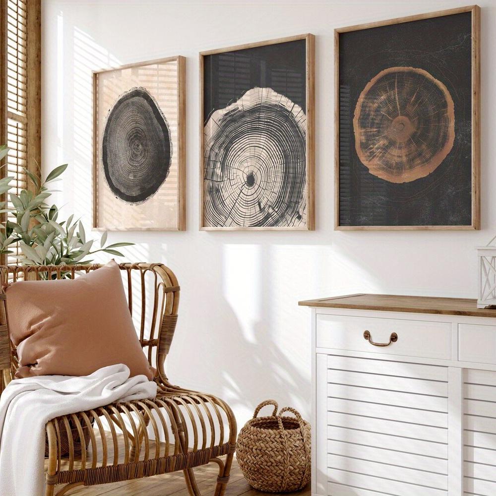 Set of 3 Tree Ring Wall Art Prints - Minimalist Abstract Decor - Matte Finish, Frameless Design, Perfect for All Seasons