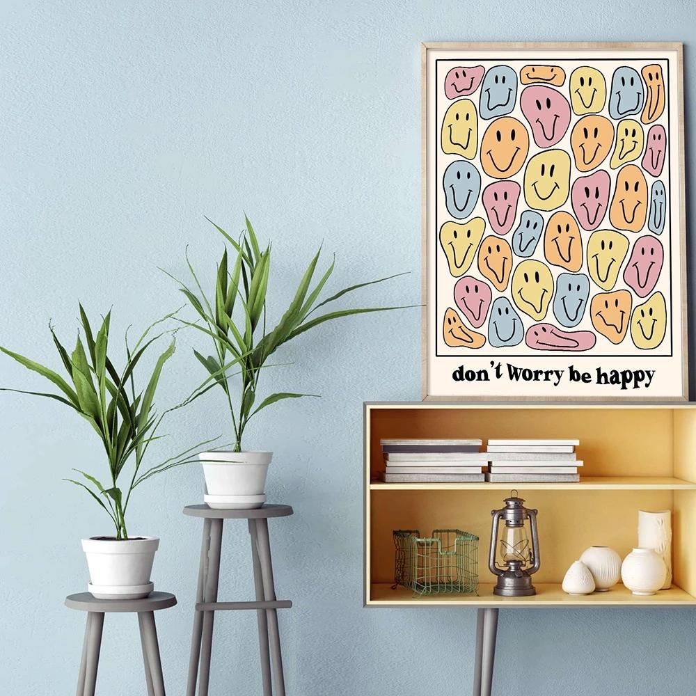 Solid Wood Frame Nordic Modern Don't Worry Be Happy Face Wall Art Posters And Print Dream Smile Canvas Painting Aesthetic Living Room Home Decor