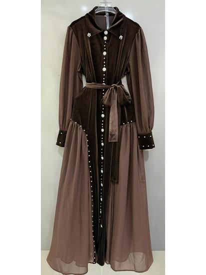Elegant Belted Long-Sleeve French Dress with Button and Rhinestone Detailing