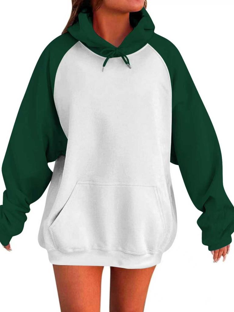 2025 European American Raglan Sleeve Hoodie - Long Sleeve, Spring/Autumn, Color Block, Loose Fit