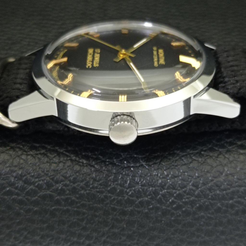 HAND-WINDING VINTAGE MONTINE SWISS MENS REFURBISHED BLACK DIAL WATCH A441077-1