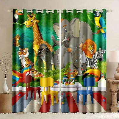 2pcs Cartoon Animals Curtains for Girls Boy Baby Safari Animal Thin Window Curtain Living Room Jungle Lion Elephant Print Drapes