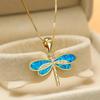 Fashion Gold Color Blue Simulated Opal Dragonfly Pendant Necklace For Women Inlay Crystal Necklace Wedding Jewelry Gift for Her