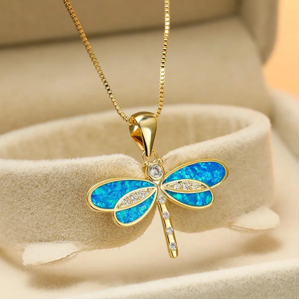 Fashion Gold Color Blue Simulated Opal Dragonfly Pendant Necklace For Women Inlay Crystal Necklace Wedding Jewelry Gift for Her
