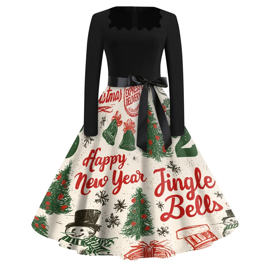 Women's Vintage Fashion Halloween Print Square Neck Casual Dress for Party and Daily Wear