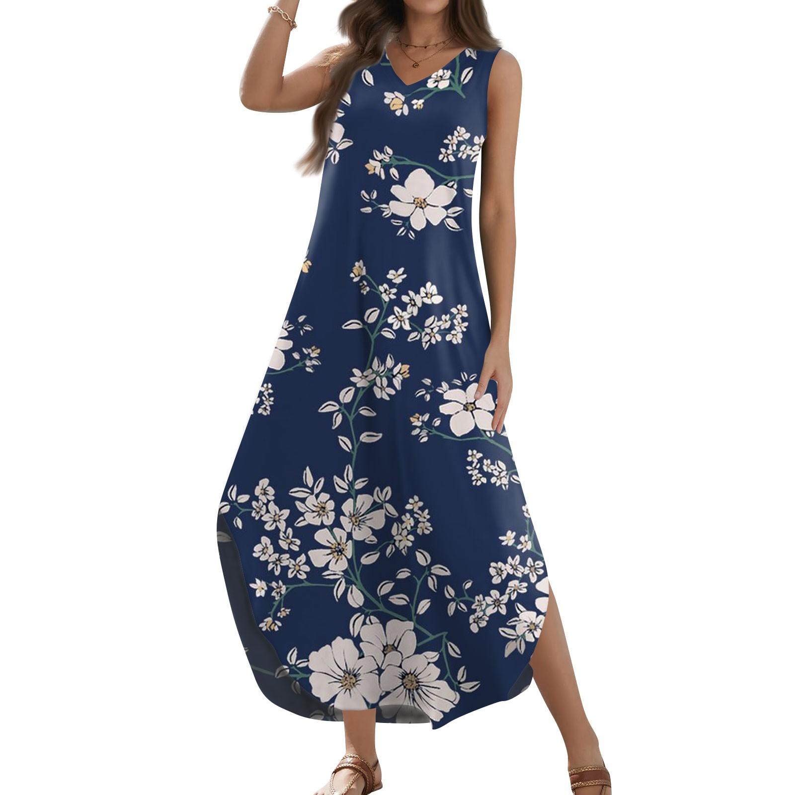 

Жіночі літні повсякденні вільні сарафани 2024 року, довгі сукні з квітковим принтом, без рукавів, футболка з V-подібним вирізом і розрізами, максі-сукні L синій