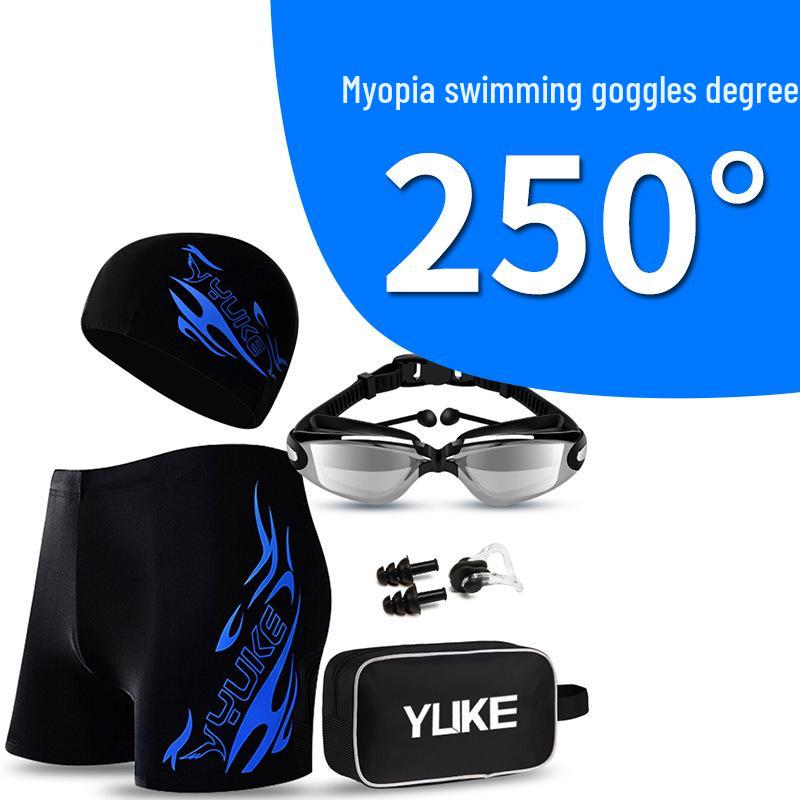 Men's Plus Size Swim Trunks with Flat Leg and Swim Gear Set (Includes Goggles and Cap)