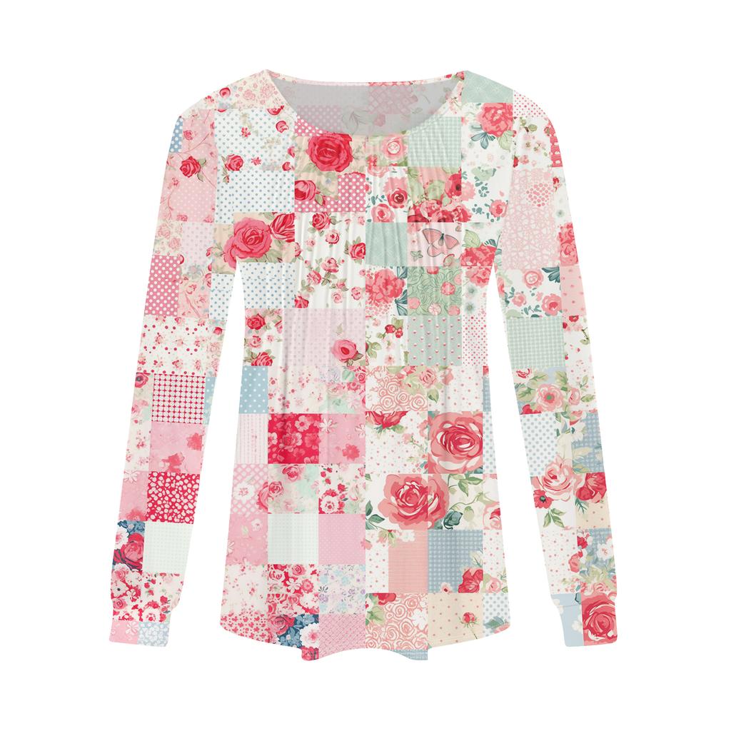 Women's Fashion Casual Pleated Round Neck Vintage Floral Print Long Sleeve T,Shirt Top