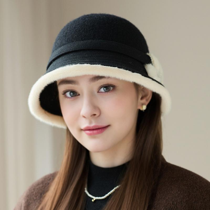 New Wool Splicing Bucket Hat Fashionable Women's Top Hat Outdoor Basin Hat
