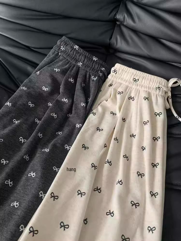 Petite Korean Bow Wide Leg Printed Pants - Slimming Drape Design for Spring/Autumn