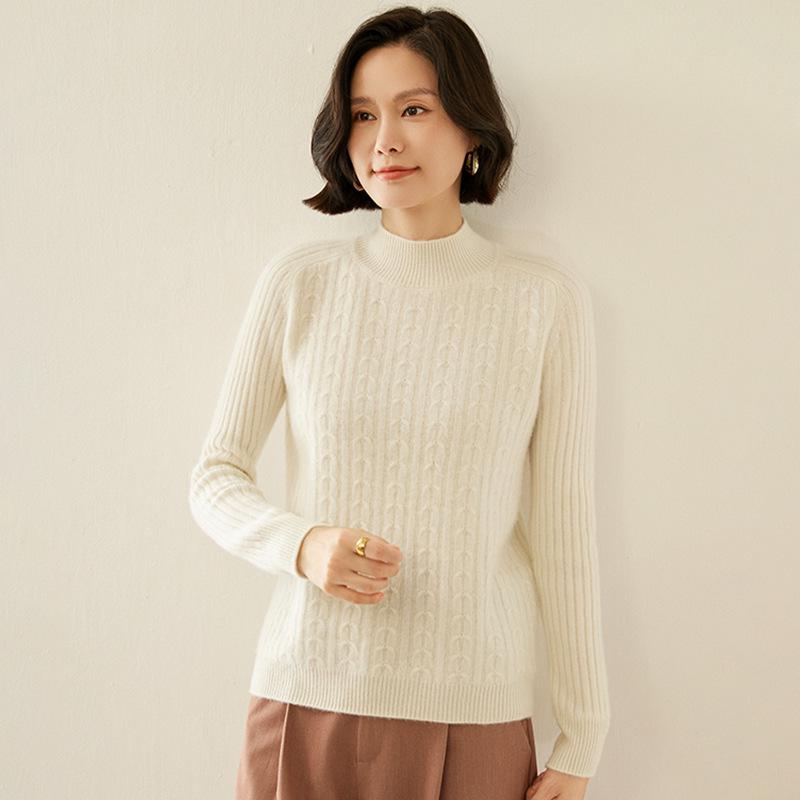 Women's Retro Cable-Knit Cashmere Half-Turtleneck Sweater - Autumn/Winter Base Layer, Solid Color