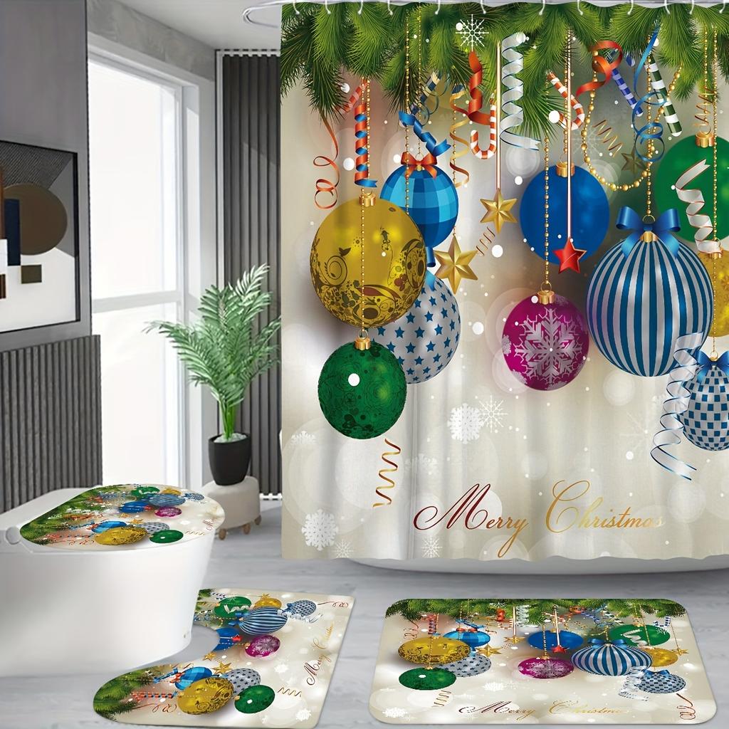 4Pcs Luxury Merry Christmas Shower Curtain Sets Waterproof  for Bathroom Non-Slip Bathroom Rugs Lid Toilet Cover Bath Mat