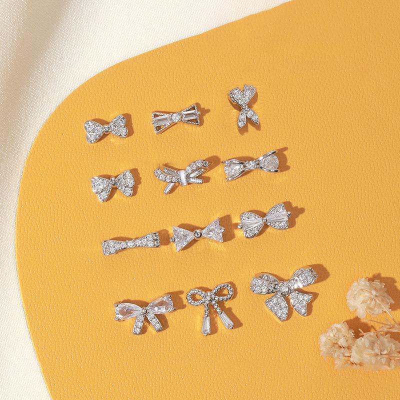 1Pc Glitter French Silver Bow Nail Art Charm 3D  Glass Stone Pearl Bowknots Nail Jewelry Diy Manicure Accessory
