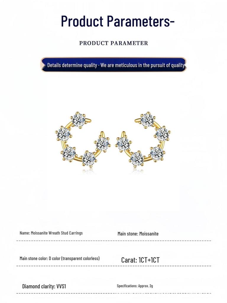 S925 Sterling Silver Moissanite Lucky Wreath Stud Earrings & Crescent Moon Ring