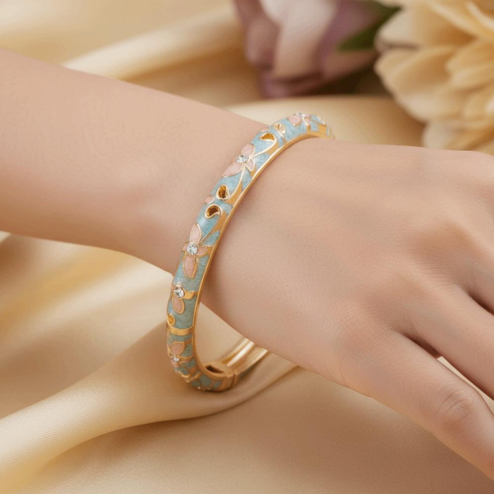 Exquisite Painting Enamel Flower Bangle Lightweight Metal Rhinestone Thin Bracelet Beach Vacation