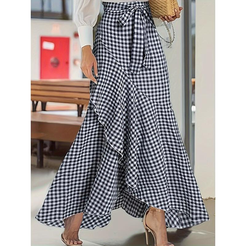 European and American Plaid High-Waisted Lace-up Ruffle Hem Asymmetrical Skirt