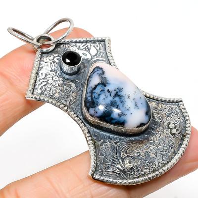 Natural Dendrite Opal, Spinel Gemstone 925 Sterling Silver Pendant 2.48" K8u76