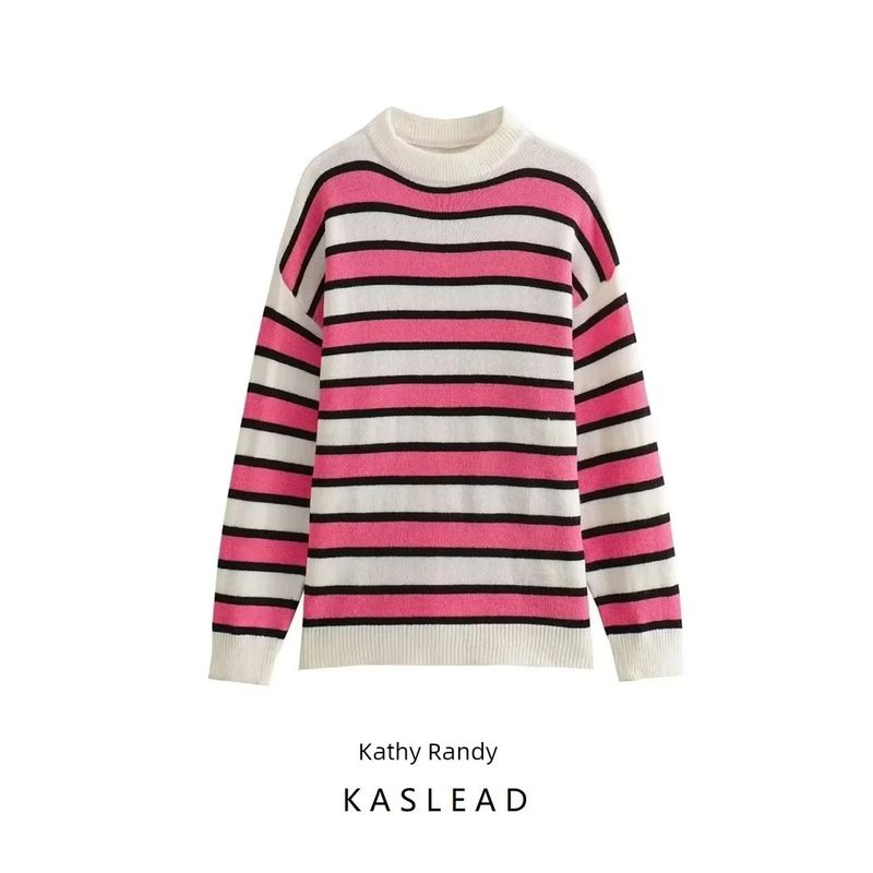 Kaslead New Arrival Women's Clothing Fashion Style Stylish Simple and Versatile Round Neck Stripes Casual Knitting Sweater