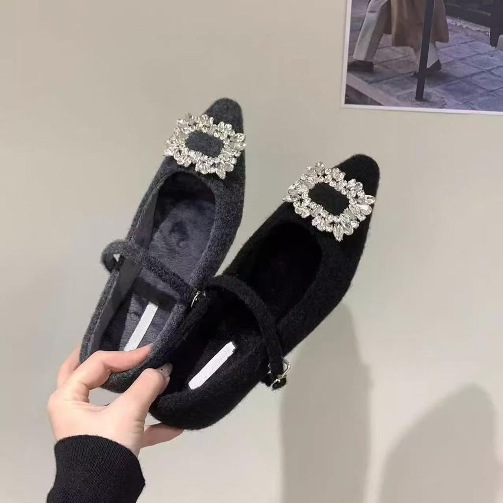 Flat bottom velvet square buckle rhinestone single shoes 2025 autumn and winter new casual versatile temperament Mary Jane Mao shoes women
