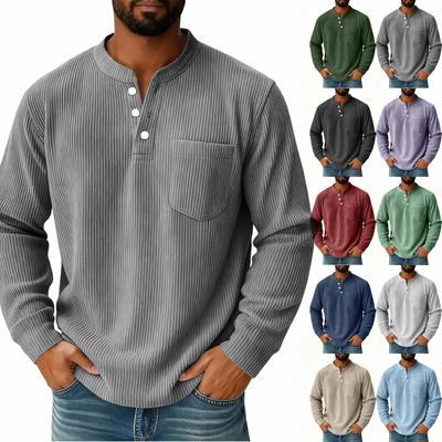 Men's Solid Color Corduroy Three-button Collar Men's Long-sleeved Shirt