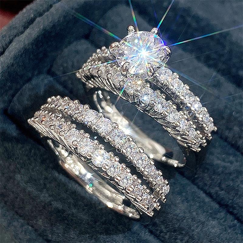 

Huitan Trendy Hollow Set Rings Full Bling Iced Out CZ Stone Luxury Women Wedding Oddling Rings 2Pcs Jewelry Set Drop Shipping 12