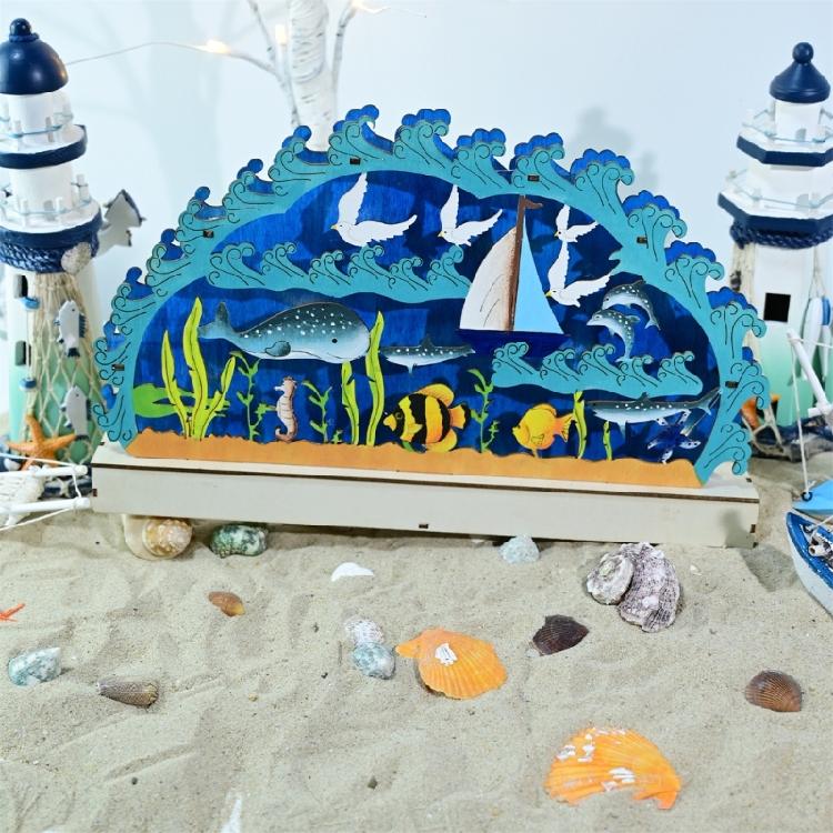 Ocean Theme LED Lamp Table Ornament Wood Carve Desk Decors for Livingrooms