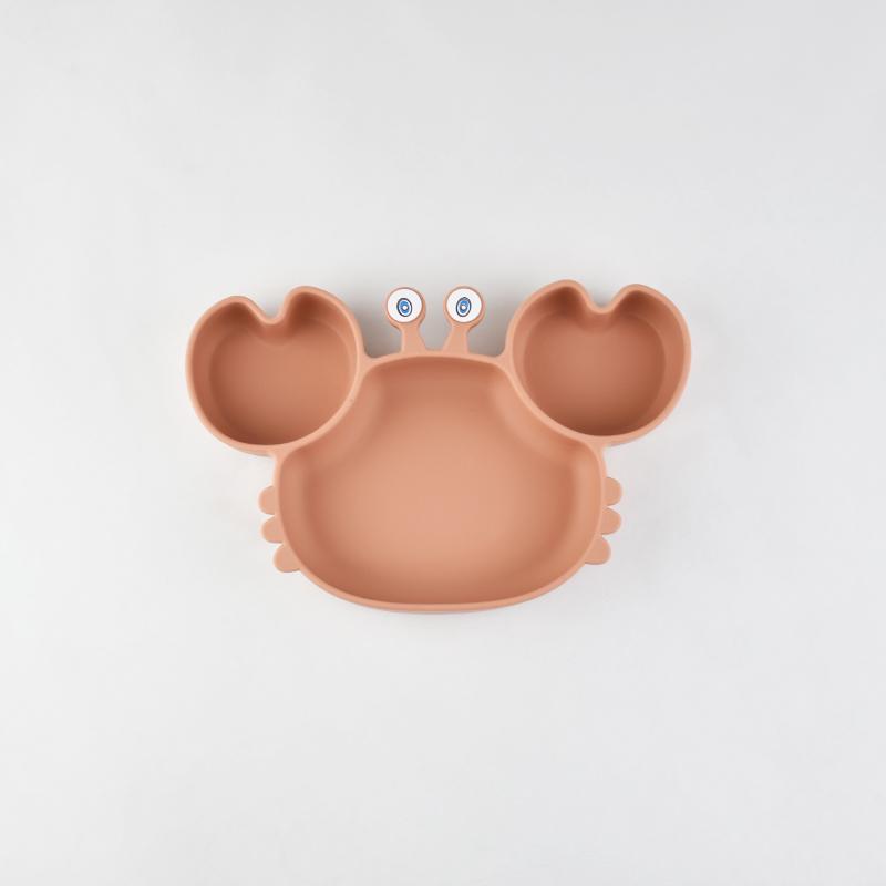 Baby Safe Silicone Dining Plate Suction Cartoon Children Dishes Feeding Toddler Training Tableware Kids Cartoon Crab 3-Grid Tray