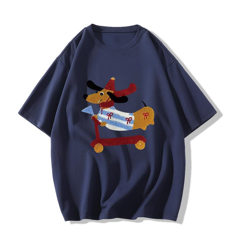 Ladies Summer Short Sleeve Round Collar Cartoon Dog Printed Loose Pullover Casual T Shirt Top