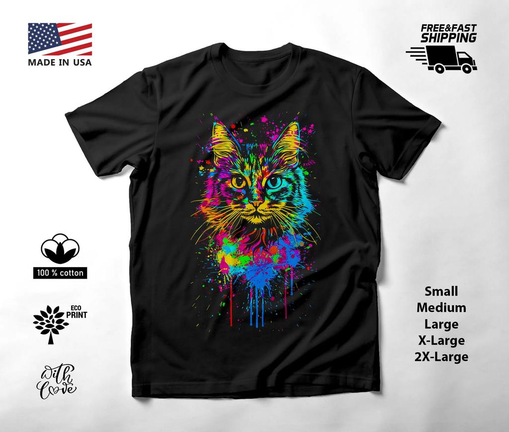 Kedi Portresi Neon Grafik Tişört Siyah Unisex S-2XL