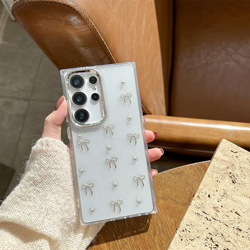 

Epoxy Bow Is Suitable For Samsung S25Ultra Mobile Phone Case S24 Silver Beads S23 Transparent A15 Glitter A34 Crown samsung a16