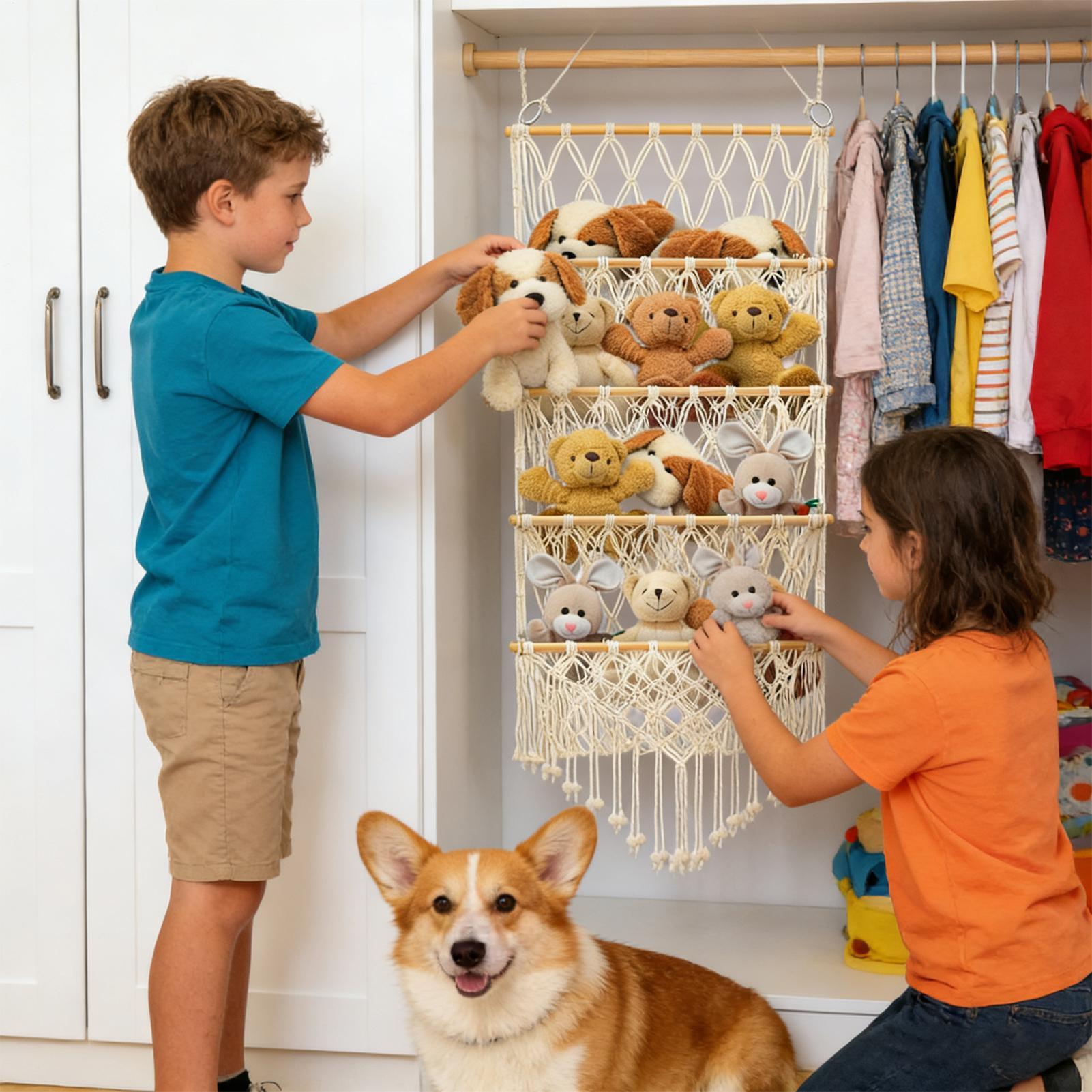 

Over the Door Stuffed Animal Storage Boho 4-Layer Stuffed Toy Net Organizer Hangable Plush Doll Storage Net for Nursery Playroom CN