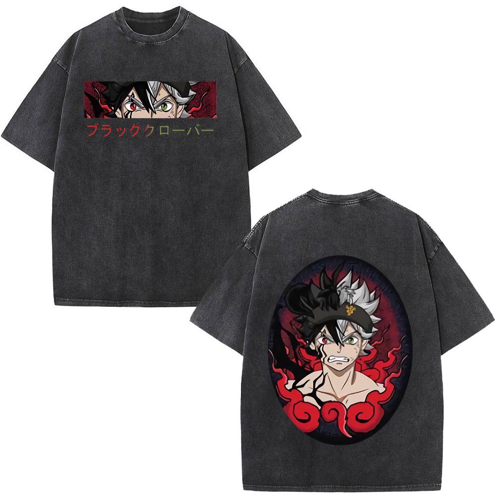 Washed Anime Black Clover Logo Graphic Print T-shirt Harajuku Summer Fashion Casual Cotton Oversized T-shirts Tops Streetwear