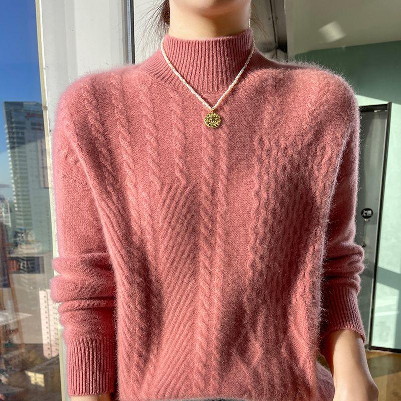 Half High Neck Sweater for Women Slim with Thick Knit Sweater for Warmth Long Sleeved Twisted Flower Pullover for Autumn and Winter