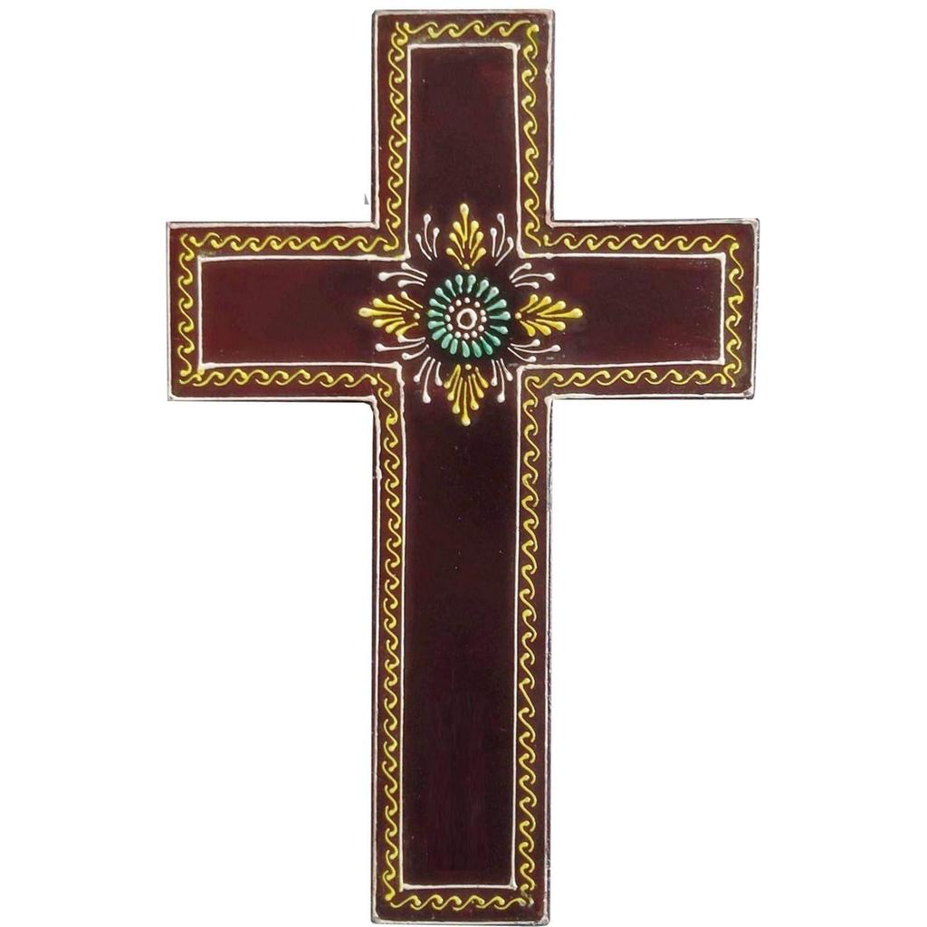 Wooden Wall Cross 'Earth': Handpainted Mangowood Plaque, Large, Brown