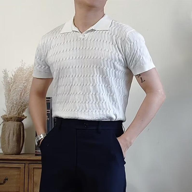 

Мужская рубашка-поло в корейском стиле, тонкая, однотонная, с короткими рукавами, легкая, повседневная L белый