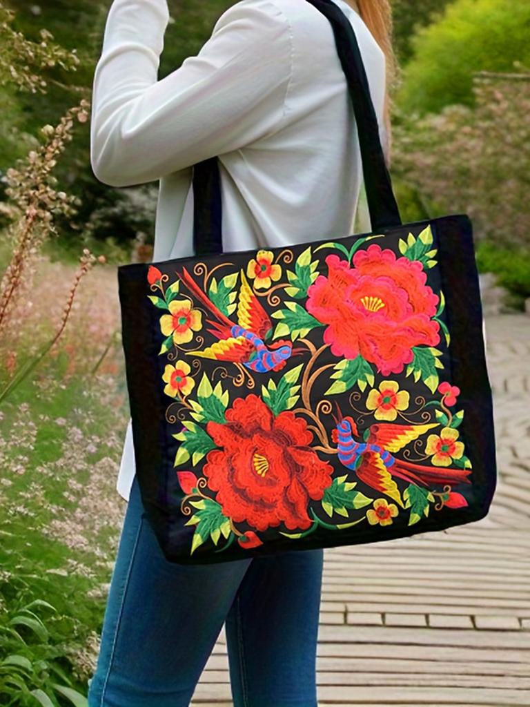 Borsa a Tote in Tela Ricamata Etnica ad Alta Capacità per Viaggi Casual e Shopping