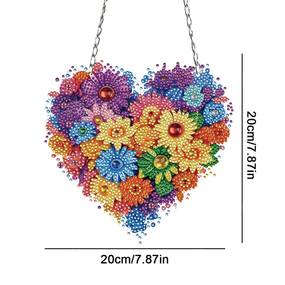 5D DIY Diamantmalerei Anhänger Herz Blume Acryl Diamantmalerei Heimdeko Rund Einseitig für Garten Fensterdeko