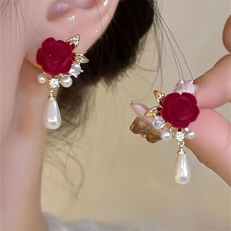 Burgundy Rose & Imitation Pearl Drop Earrings, Vintage Wedding Jewelry for Parties/Prom/Casual, Elegant Gothic Dangle Beauty Accessory