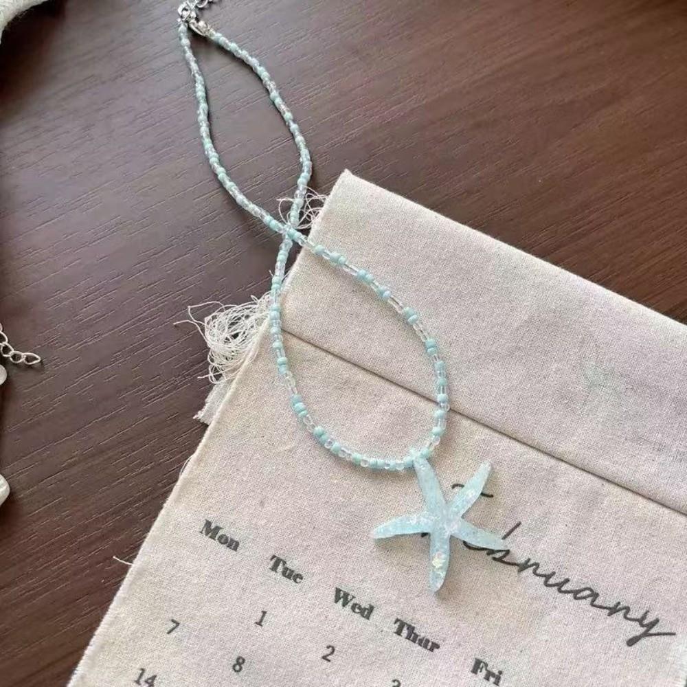 Blue Beaded Beaded Necklace Starfish Shell Ocean Resort Necklace Sweet Starfish Choker Daily Wear B