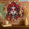 2D Flat, 1pc Round Aluminum Hanging Sign, Day of the Dead Sugar Skull Lady Red Rose Tiffany Stained Glass Mosaic Metal Wall Decor, Durable Retro