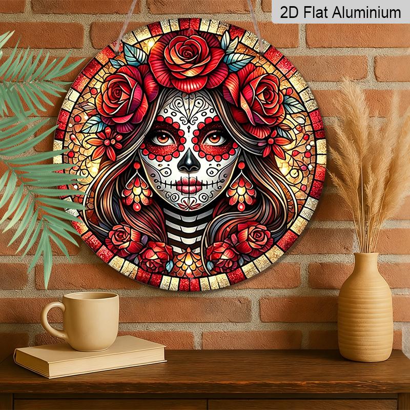 2D Flat, 1pc Round Aluminum Hanging Sign, Day of the Dead Sugar Skull Lady Red Rose Tiffany Stained Glass Mosaic Metal Wall Decor, Durable Retro