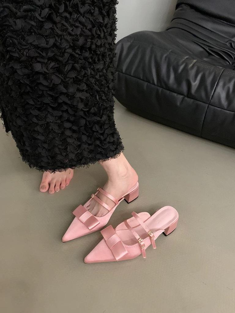 French Bow Bag Head Half Slippers 2025 Summer New Skirt Women Wear Thick Pointed Satin Rare Cool Slippers