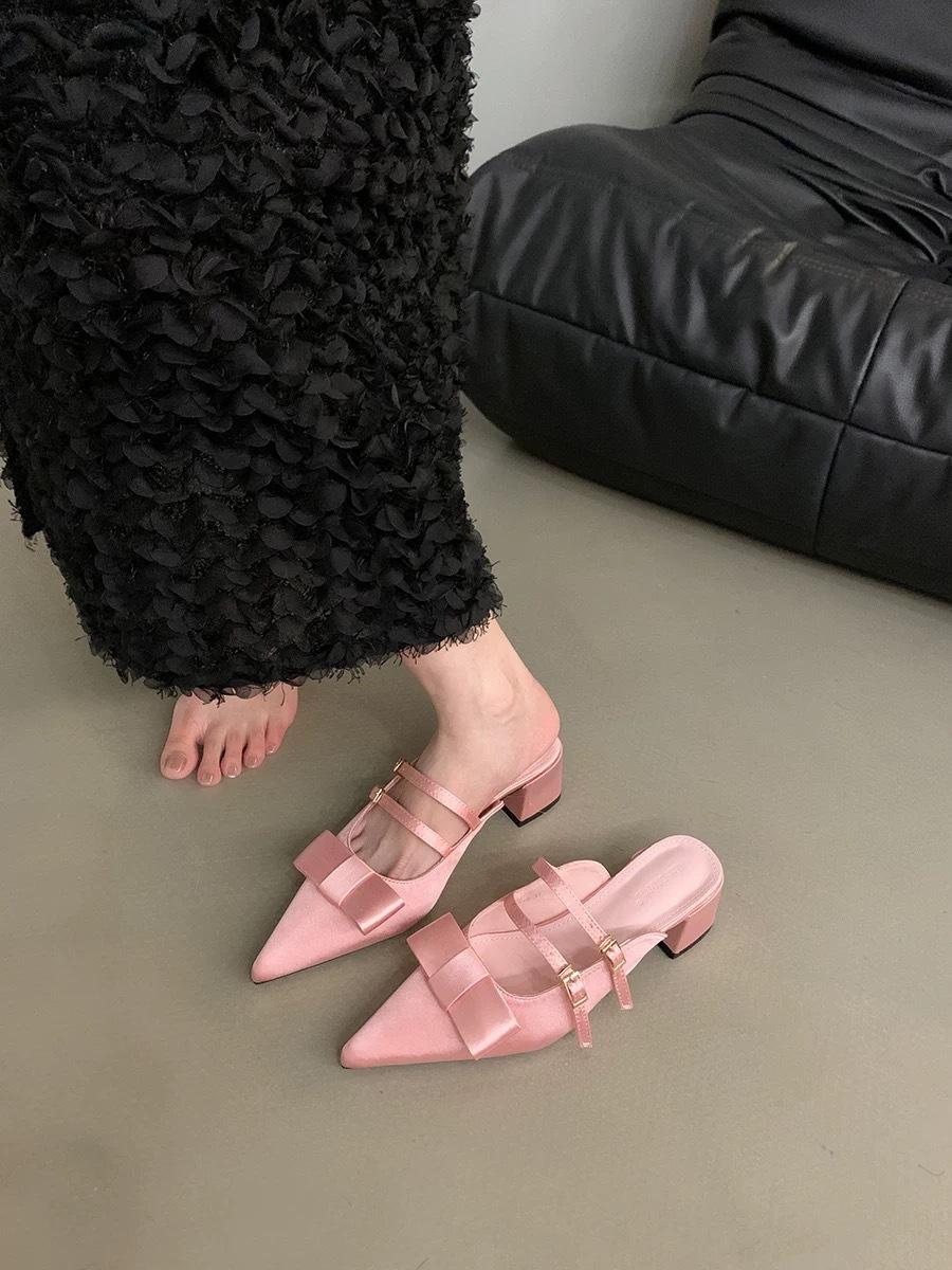 

Французские бантики, сумка, головка, полутапочки, лето 2025, новинка, юбка, женская одежда, толстые, острые, атласные, редкие, крутые тапочки 39 розовый