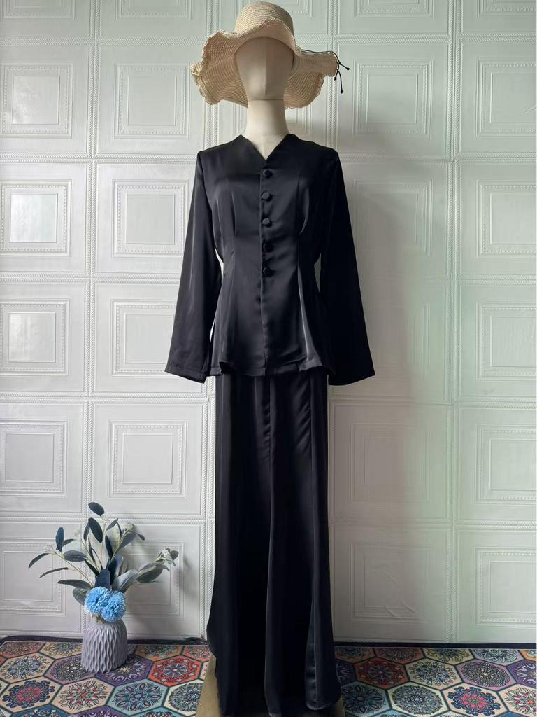 2025 Spring Elegant Retro Women's Solid Color Long Sleeve Top and Skirt Set