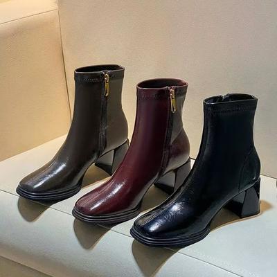 Foreign Trade French Square Head Thick Heel Short Boots 2024 New Retro Fashion Thin Boots Short Small Single Boots